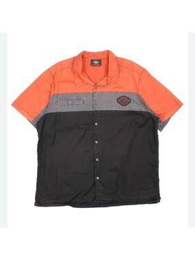 Harley-Davidson Men's Orange, Gray, and Black Button Down Shirt